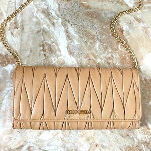 MIU MIU Matelasse Leather Bifold Long Wallet on Chain in Tan